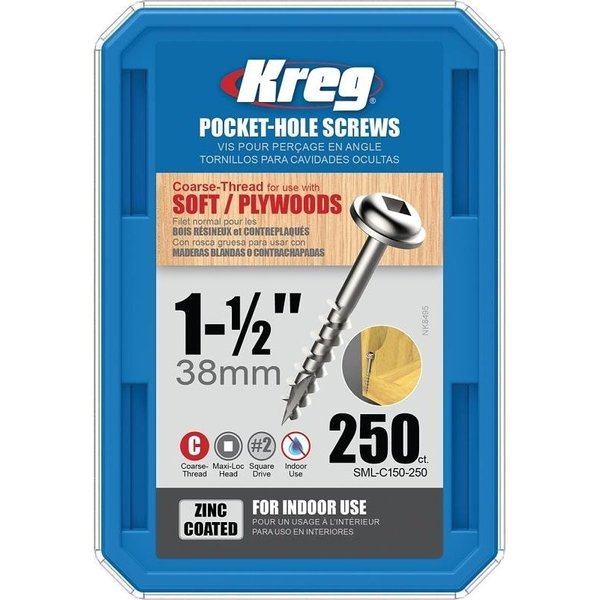 Kreg Self-Drilling Screw, 1-1/2 in, Zinc Plated Steel Maxiloc Head Square Drive SML-C150-250